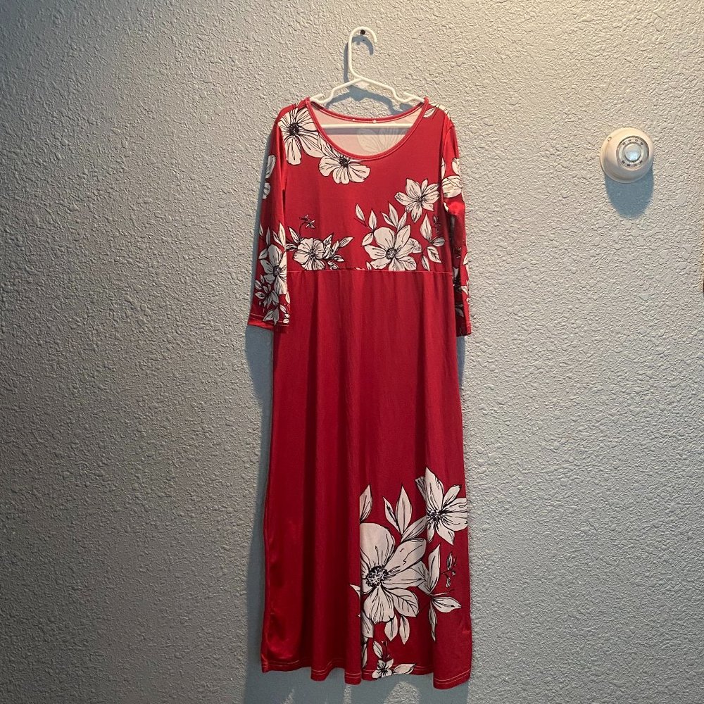 Girls Long Sleeve Red w/ White Floral Empire Waist Maxi Dress